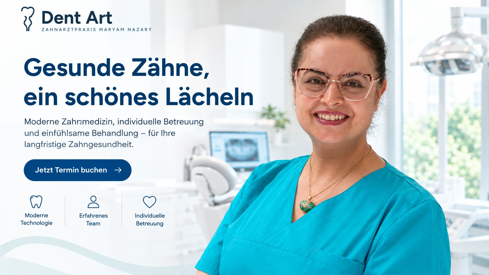 Dent Art, Zahnarztpraxis Maryam Nazary. Gesunde Zähne, ein schönes Lächeln. Moderne Zahnmedizin, individuelle Betreuung und einfühlsame Behandlung für Ihre langfristige Zahngesundheit. Zahnärztin im Behandlungsraum.